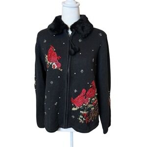 Carly‎ St Claire Cardinal Sweater Red Birds Medium Sequins Beads Faux Fur Collar